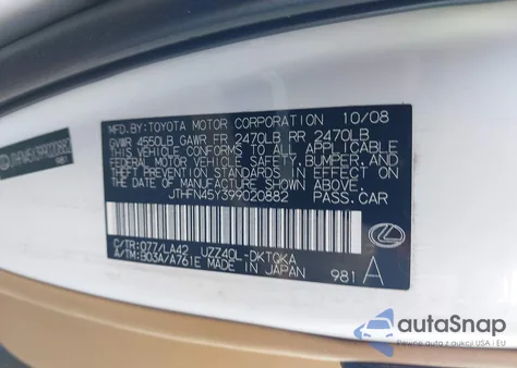 2009 Lexus Sc 430 from USA, damaged, VIN JTHFN45Y399020882